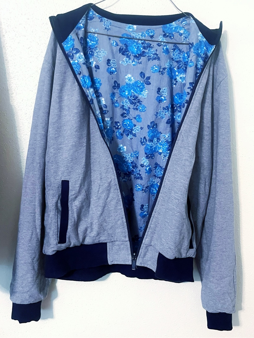 Original Penguin Reversible Track Jacket Gray Navy Floral L EUC